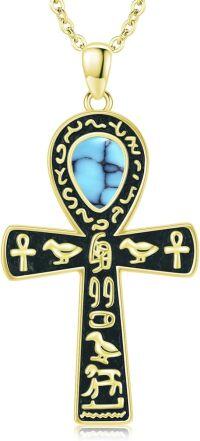 wholesale Gold 925 Sterling Silver Ankh Necklace with Turquoise and Black Stone Elements - 24K Gold Plated Egyptian Cross Pendant-Gold-Turquoise