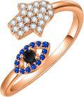 wholesale TOUPOP Mothers Day Gifts For Mom Evil Eye Hamsa Hand Rings For Women S925 Sterling Silver Sapphire Spiritual Turkish Adjustable Wrap Open Rings Amulet Jewelry Protection Lucky Gifts -0-0