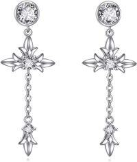 wholesale 925 Sterling Silver Star-Shaped Cubic Zirconia Dangle Cross Drop Earrings for Men & Women-CZ
