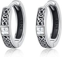 wholesale 925 Sterling Silver Norse Viking Celtic Knot Huggie Hoop Earrings with Cubic Zirconia for Women and Men (Unisex)-White Square Celtic