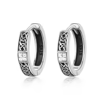wholesale 925 Sterling Silver Norse Viking Celtic Knot Huggie Hoop Earrings Wholesale with Cubic Zirconia for Women and Men (Unisex)-White Square Celtic