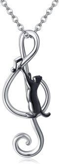 wholesale 925 Sterling Silver Musical Note Cat Pendant Necklace with Black Onyx Gemstone Jewellery Gifts for Women-0-0