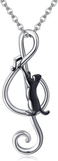 wholesale 925 Sterling Silver Musical Note Cat Pendant Necklace with Black Onyx Gemstone Jewellery Gifts for Women-music cat