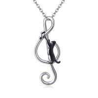 wholesale 925 Sterling Silver Musical Note Cat Pendant Necklace with Black Onyx Gemstone Jewellery Gifts for Women-music cat