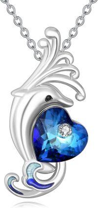 wholesale 925 Sterling Silver Dolphin Heart Blue Crystal Pendant Necklace - Ocean Wave Design s for Women-dolphin