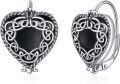 wholesale 925 Sterling Silver Metal Black Agate Celtic Knot Heart Dangle Drop Earrings Gothic  for Women Girls-0-0