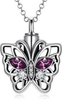 wholesale Sterling Silver Austrian Crystal Heart Flower Butterfly Urn Necklace for Ashes-07_Butterfly-Simulated Amethyst