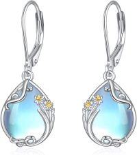 wholesale 925 Sterling Silver Blue Moonstone Birth Flower Filigree Teardrop Dangle Leverback Earrings-3-Daffodils