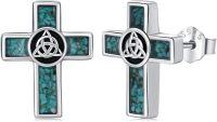 wholesale 925 Sterling Silver Celtic Trinity Knot Cross Stud Earrings with Turquoise and Malachite Inlay for Women-C-Cross Turquoise