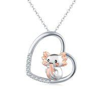 wholesale 925 Sterling Silver Cute Axolotl Heart Pendant Necklace With Rose Gold Cz Crystals-Silver-Axolotl