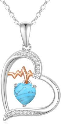 wholesale Sterling Silver Gemstone Love Heart Birthstone Necklace with Heartbeat Pendant for Women Gift for Mother Wife Girlfriend-12-Dec-Turquoise