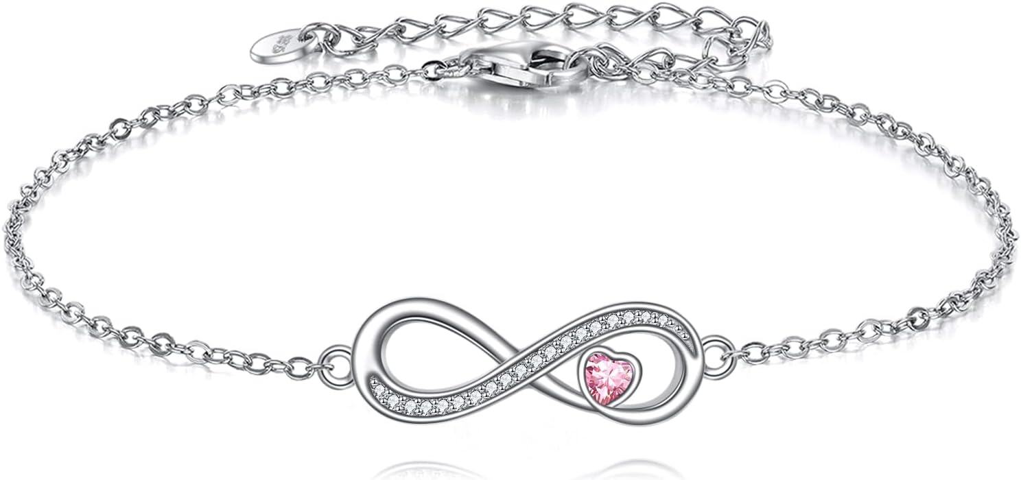 Sterling Silver Birthstone Infinity Heart Charm Adjustable Bracelet-0-0