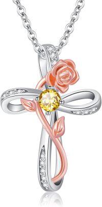 wholesale Two Tone Rose Gold 925 Sterling Silver Cross Pendant Necklace with 12 Cubic Zirconia Birthstones for Women-11-November Birthstone
