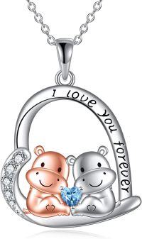 wholesale 925 Sterling Silver Hippo & Baby Love Forever Heart Pendant Necklace Gifts for Women Girls-Hippo Necklace