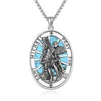 wholesale 925 Sterling Silver Saint Michael Archangel Turquoise Oval Pendant Necklace-11a-St Michael-Turquoise-11a-St Michael-Turquoise