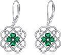 wholesale 925 Sterling Silver Celtic Knot Green Crystal Four-Leaf Clover Leverback Drop Earrings-0-0