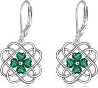 wholesale 925 Sterling Silver Celtic Knot Green Crystal Four-Leaf Clover Leverback Drop Earrings-Four Leaf Clover B