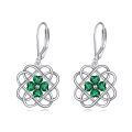 wholesale 925 Sterling Silver Celtic Knot Green Crystal Four-Leaf Clover Leverback Drop Earrings-0-0