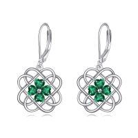wholesale 925 Sterling Silver Celtic Knot Green Crystal Four-Leaf Clover Leverback Drop Earrings-Four Leaf Clover B