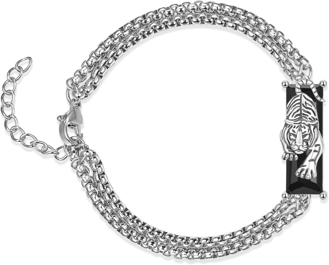 925 Sterling Silver Black Crystal Tiger Head Chain Link Bracelet for Men & Women-0-0