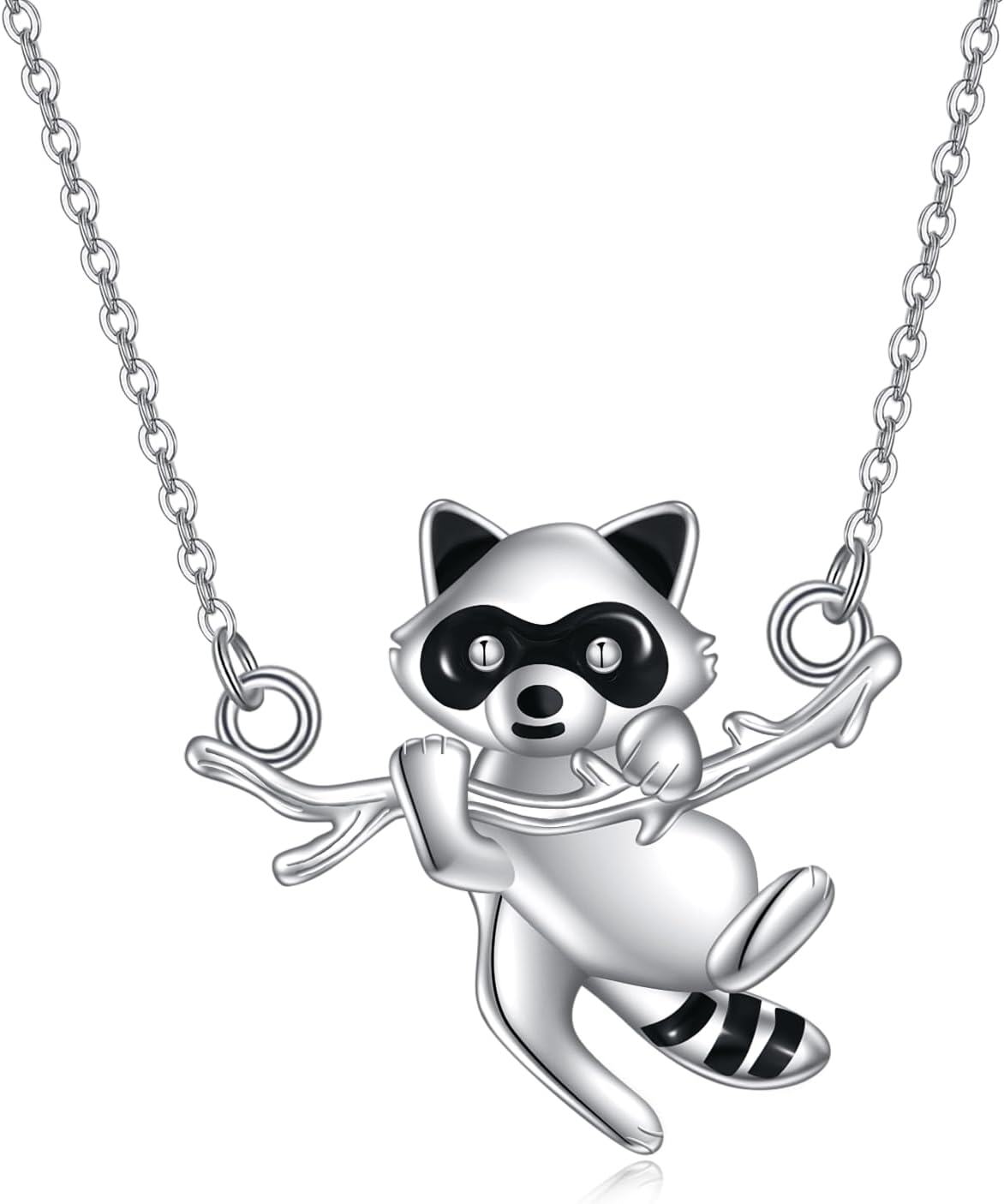 Sterling Silver Animal Pendant Necklace Raccoon Squirrel Hummingbird Hedgehog Elephant Women s Jewelry Gift-Raccoon