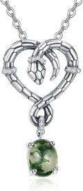 wholesale 925 Sterling Silver Green Moss Agate Snake Heart Pendant Necklace for Women-0-0