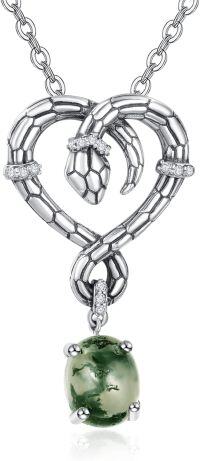 wholesale 925 Sterling Silver Green Moss Agate Snake Heart Pendant Necklace for Women-Moss Agate