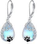 wholesale 925 Sterling Silver Teardrop Moonstone & Black Cat Paw Print Leverback Drop Earrings-0-0