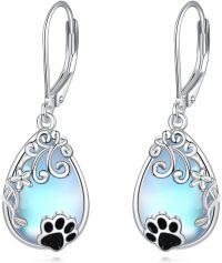 wholesale 925 Sterling Silver Teardrop Moonstone & Black Cat Paw Print Leverback Drop Earrings-Paw Drop Earring