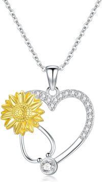 wholesale 925 Sterling Silver Sunflower Heart Pendant Necklace for Nurses and Artists Inspiring Gifts-Stethoscope-2
