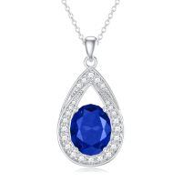 wholesale 925 Sterling Silver 11 8mm Oval Birthstone Crystal Teardrop Pendant Necklace-9-Sapphire Blue