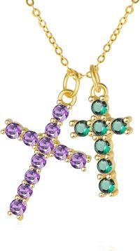 wholesale 14K Gold Sterling Silver Birthstone Double Cross Necklace for Women-02-05-Feb-May