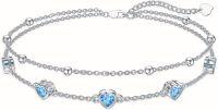 wholesale Sterling Silver Birthstone Heart Anklet Bracelets for Women Mom Wife GF-03-Aquamarine Bracelet 7\"-9\"