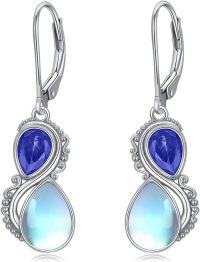 wholesale Sterling Silver Moonstone Valentine Vintage Dangle Teardrop Leverback Earrings w Birthstone Gifts for Her-Sapphire Blue