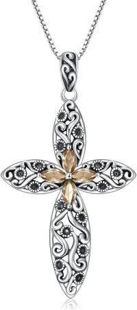 wholesale Sterling Silver 12 Birthstone Faith Cross Pendant Necklace for Women-Citrine
