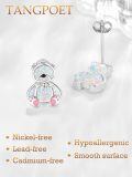wholesale 925 Sterling Silver Cat Opal Stud Earrings with Pink Paw Prints - Hypoallergenic Jewelry for Girls and Women-0-2