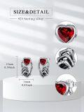 wholesale 925 Sterling Silver Heart-Shaped Red Stone Skeleton Hands Stud Earrings-0-5