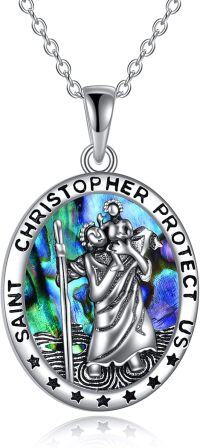 wholesale 925 Sterling Silver Saint Christopher Protect Us Travel Protection Oval Pendant Necklace with Abalone Shell and Chain for Women Men  43cm/17 Length-St. Christopher Abalone