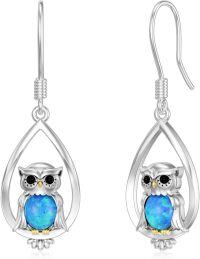 wholesale 925 Sterling Silver Blue Opal Teardrop Owl Dangle Earrings Gifts for Women-Owl
