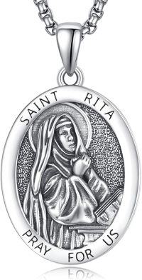 wholesale 925 Sterling Silver St Rita Medal Necklace for Women Girls Catholic Jewelry Prayer Gift 3D Pray For Us Charm Pendant Chain Christian Faith Gifts-Saint Rita