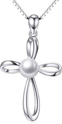 wholesale 925 Sterling Silver Pearl Pendant Necklace for Women Cross Lucky Knot Infinity Cubic Zirconia Anniversary Birthday Gifts 16''+2''-Pearl Cross Pendant