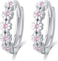 wholesale 925 Sterling Silver Daisy Hoop Earrings with Pink Stones Lucky Flower Design Small Huggie Style Fashion s for Women Graduation Gifts for Her-02-Daisy