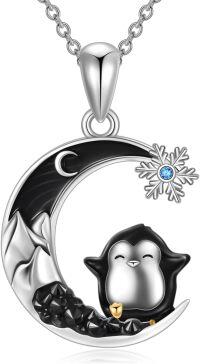 wholesale 925 Sterling Silver Penguin on Crescent Moon with Blue Crystal Snowflake Pendant Necklace-Penguin