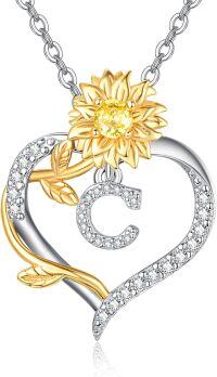 wholesale Gold Plated Sterling Silver Sunflower Letter Heart Pendant Necklace for Women-Letter C