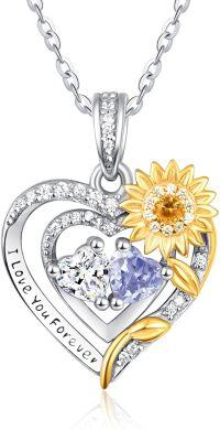 wholesale Sterling Silver 2 Birthstones Sunflower Heart Necklace for Women-04-06-Apr-Jun