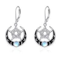 wholesale 925 Sterling Silver Platinum Plated Crescent Moon Pentagram Moonstone Drop Earrings-Pentagram-B
