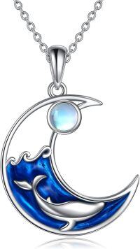 wholesale 925 Sterling Silver Rhodium Plated Artificial Moonstone Whale Pendant Necklace - Adjustable 18-20 Chain, Hypoallergenic, Gift Box-Whale