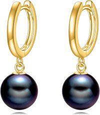 wholesale 925 Sterling Silver Black Pearl Drop Hoop Earrings for Women-Black Pearl-Gold