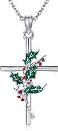 wholesale 925 Sterling Silver Christmas Holly Leaf & Berry Cross Pendant Necklace-0-0