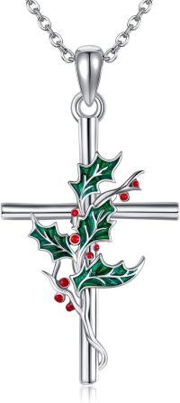 wholesale 925 Sterling Silver Christmas Holly Leaf & Berry Cross Pendant Necklace-Holly